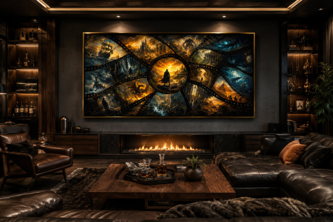 Fantasy film stills collage framed canvas wall art above a fireplace in a dark home theater room.