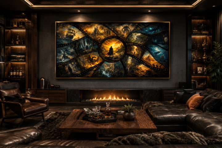 Fantasy film stills collage framed canvas wall art above a fireplace in a dark home theater room.