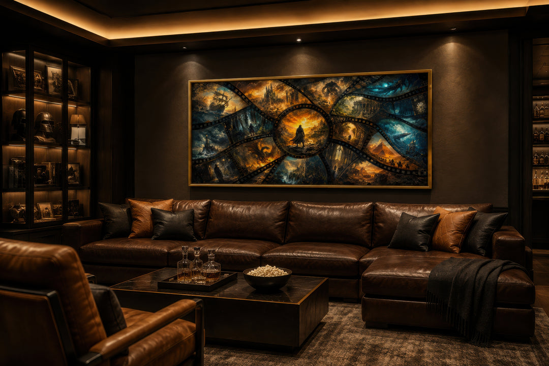 Framed horizontal canvas art featuring a collage of fantasy film stills above a brown leather sofa.