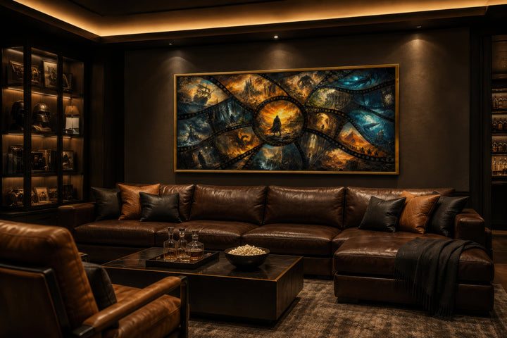 Framed horizontal canvas art featuring a collage of fantasy film stills above a brown leather sofa.