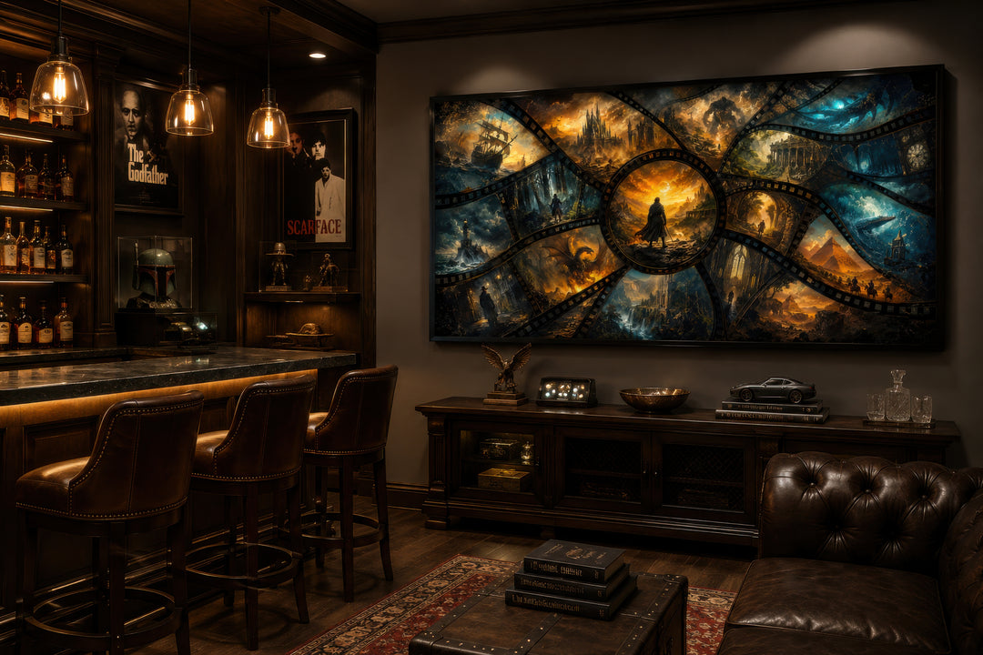 Fantasy film stills collage framed canvas wall art in a dark, sophisticated home theater room.