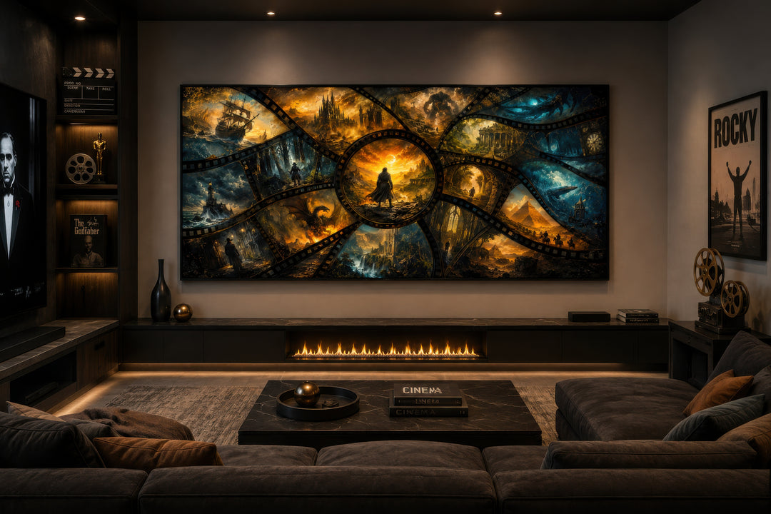 Fantasy film stills collage framed canvas wall art displayed in a modern home theater setting.
