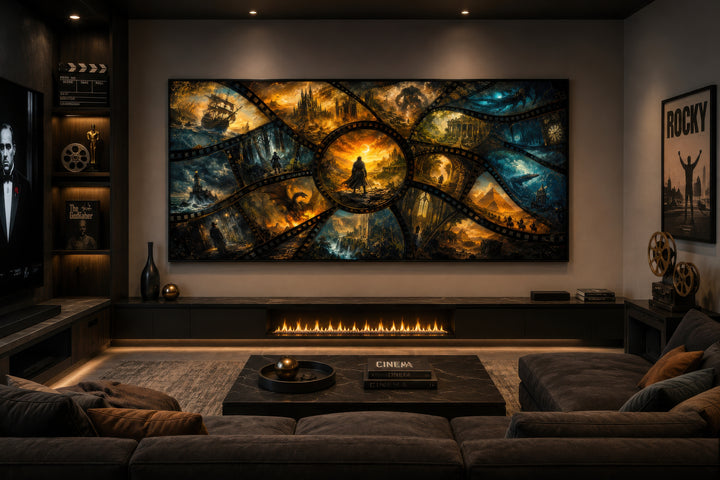 Fantasy film stills collage framed canvas wall art displayed in a modern home theater setting.