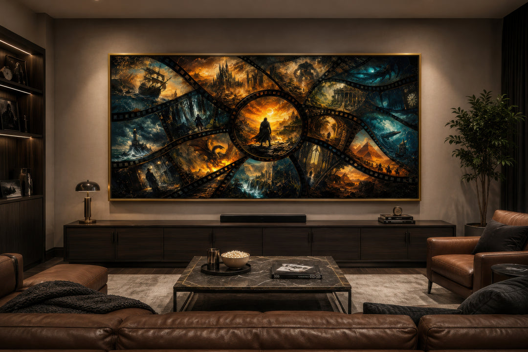 Fantasy film stills collage framed canvas wall art displayed in a modern home theater setting.