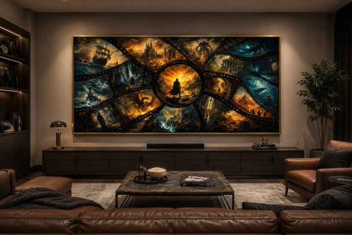 Fantasy film stills collage framed canvas wall art displayed in a modern home theater setting.