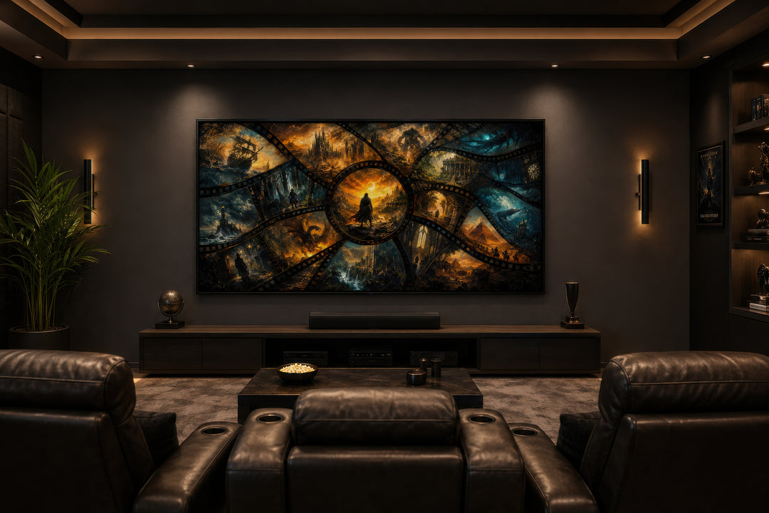 Fantasy film stills collage framed canvas wall art displayed above a home theater console.