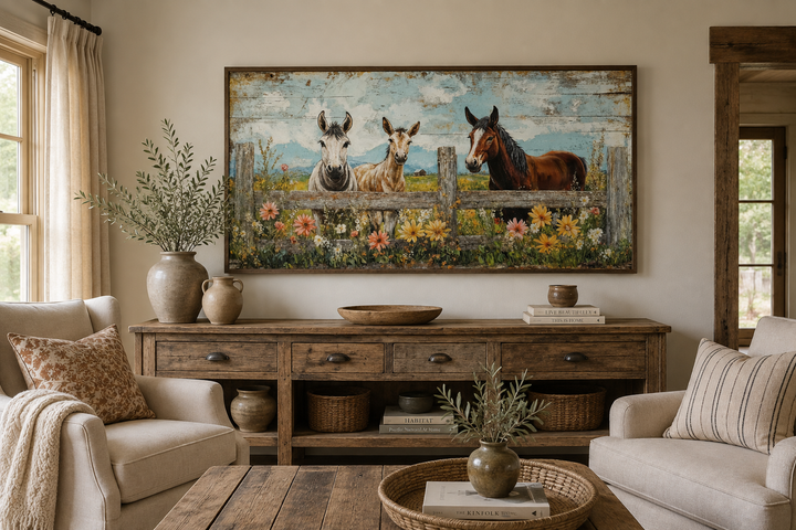 Framed canvas wall art of two donkeys and a horse behind a rustic fence in a floral meadow.