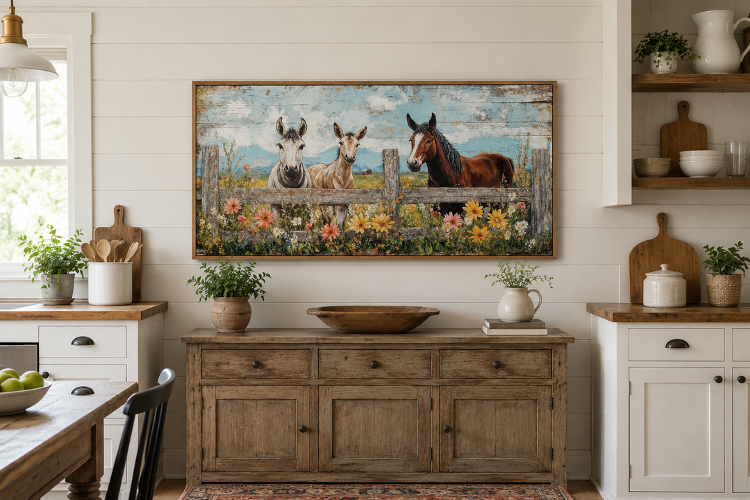 Framed canvas wall art of two donkeys and a horse behind a rustic fence with colorful flowers.
