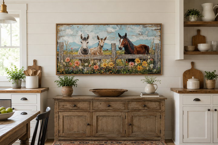 Framed canvas wall art of two donkeys and a horse behind a rustic fence with colorful flowers.