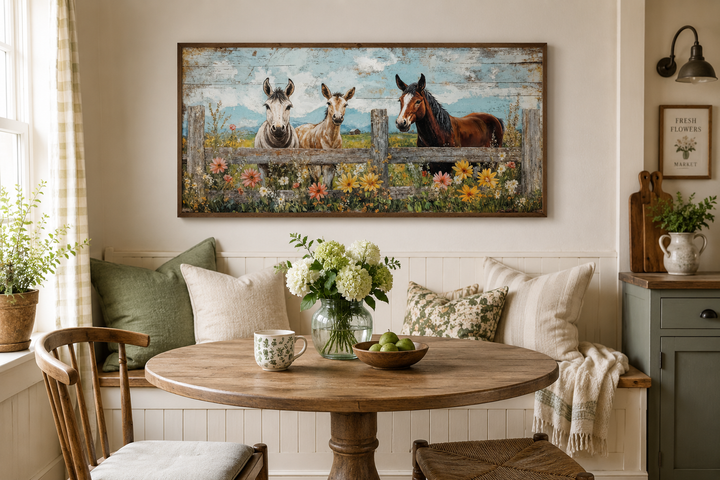 Farmhouse wall art featuring two donkeys and a horse behind a wooden fence in a floral meadow.