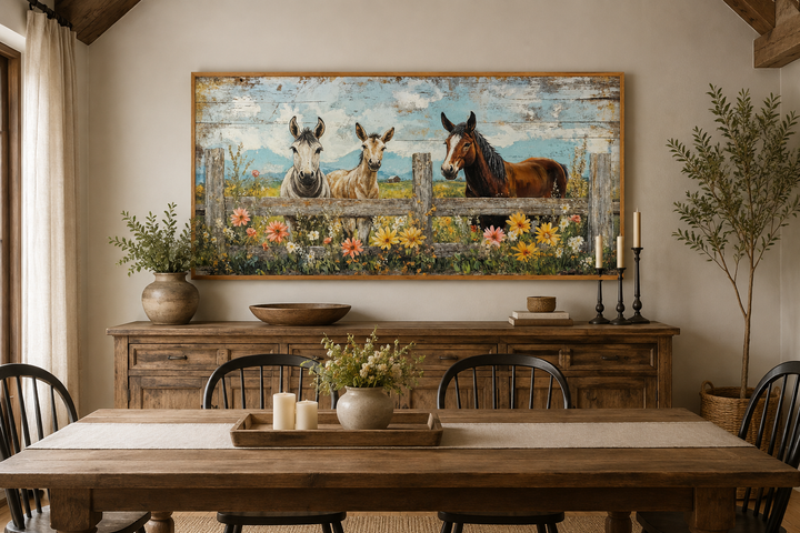 Framed canvas wall art of two donkeys and a horse behind a rustic fence in a dining room setting.