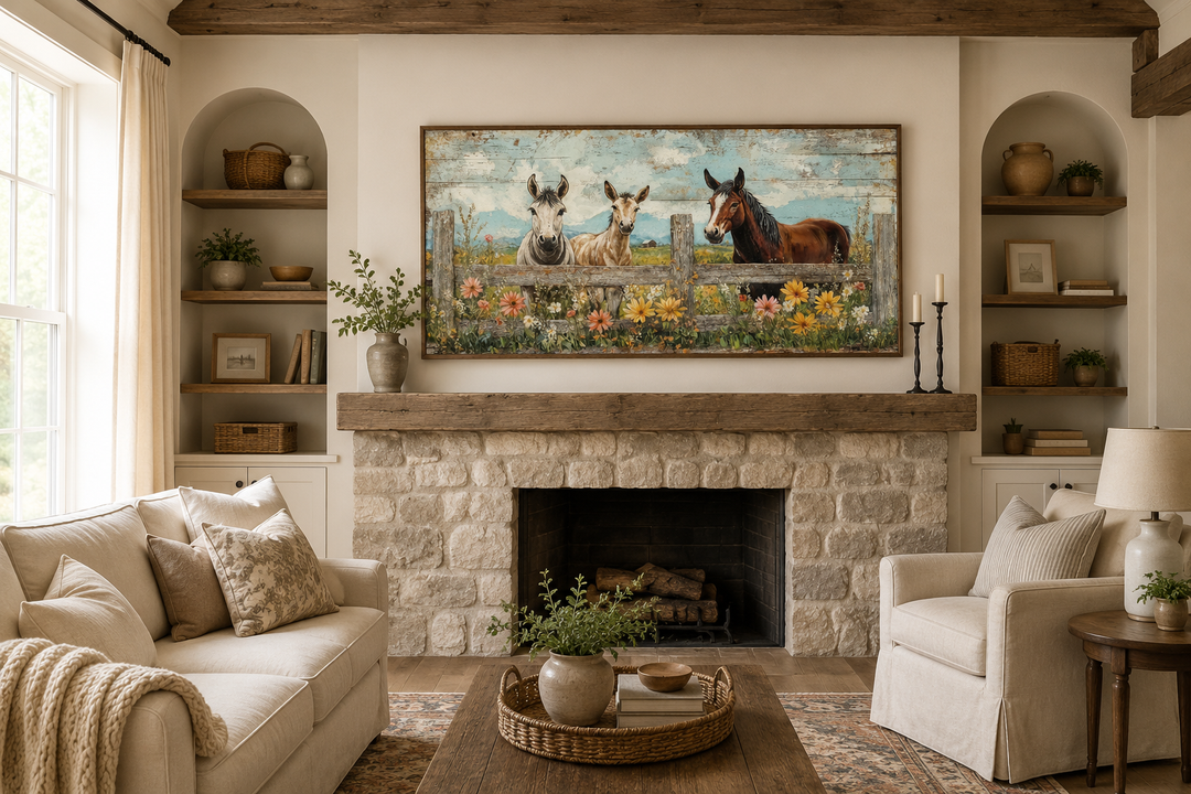 Framed canvas wall art of two donkeys and a horse behind a rustic fence in a farmhouse living room.