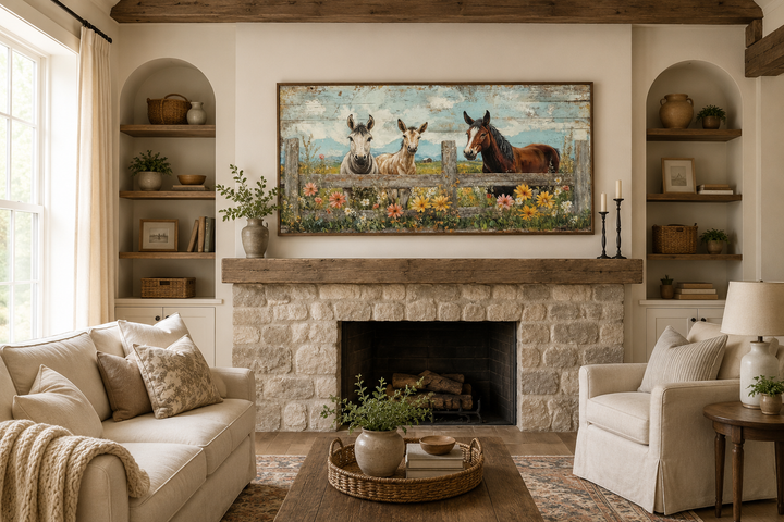 Framed canvas wall art of two donkeys and a horse behind a rustic fence in a farmhouse living room.
