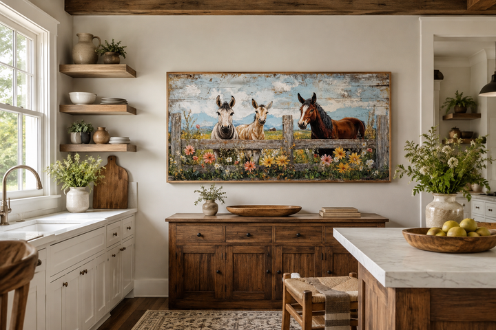 Framed canvas wall art of two donkeys and a horse behind a rustic fence in a farmhouse kitchen.