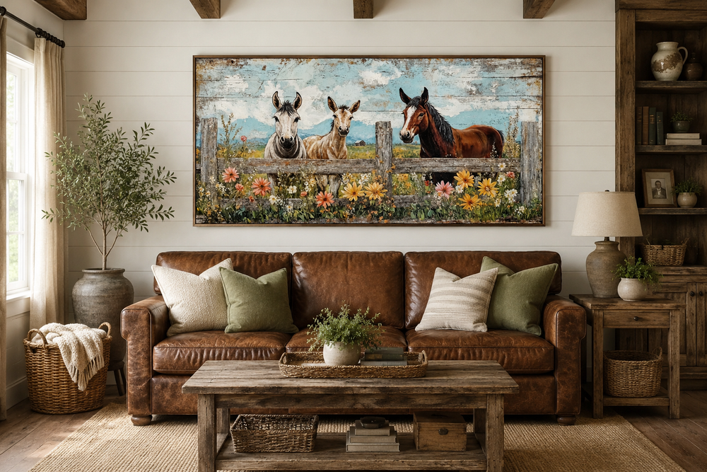 Framed canvas wall art of two donkeys and a horse behind a rustic fence with colorful flowers.