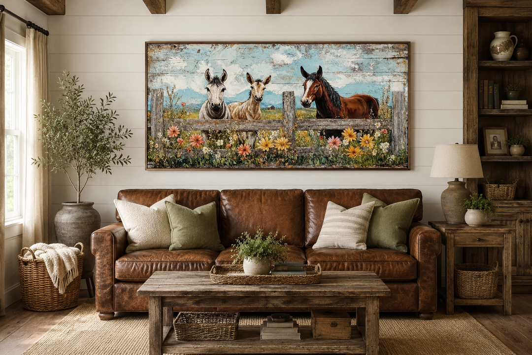 Framed canvas wall art of two donkeys and a horse behind a rustic fence with colorful flowers.