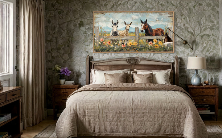 Framed canvas wall art of two donkeys and a horse behind a fence with flowers above a bed.