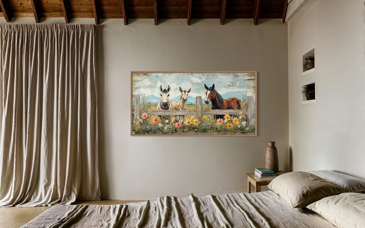 Farm Animals - Donkeys And Horse Framed Canvas Wall Art