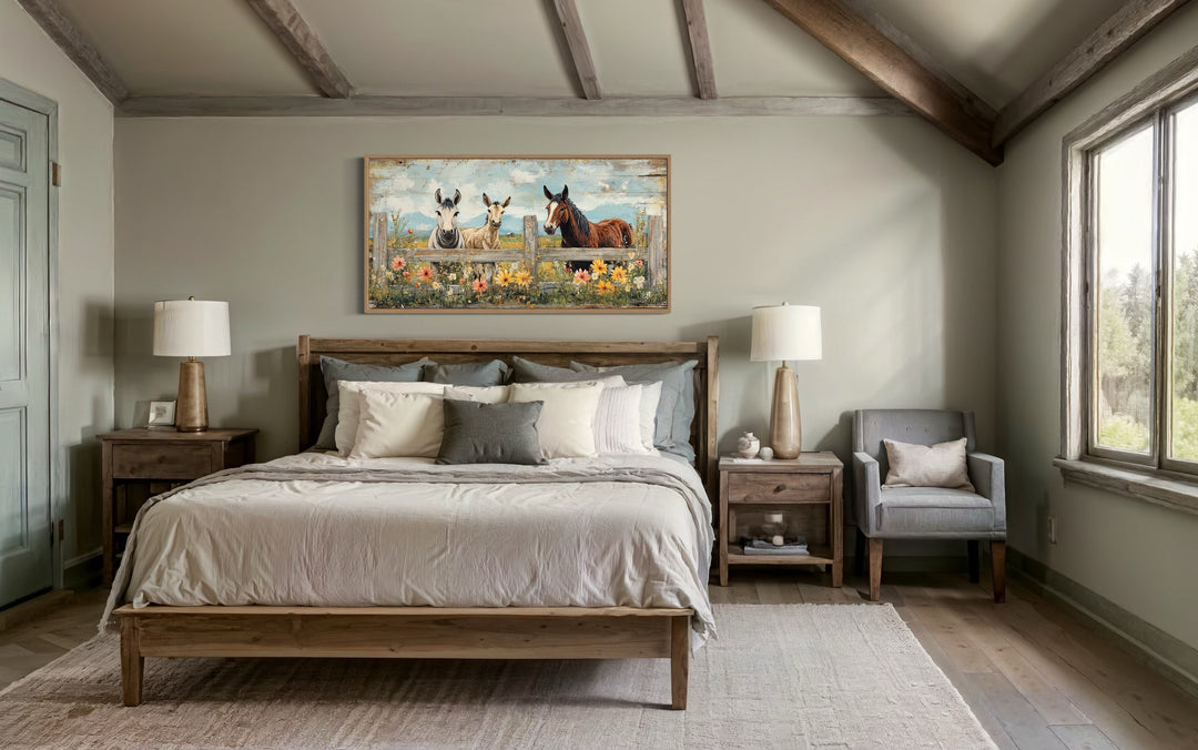 Farm Animals - Donkeys And Horse Framed Canvas Wall Art hanging above a bed in a rustic bedroom.