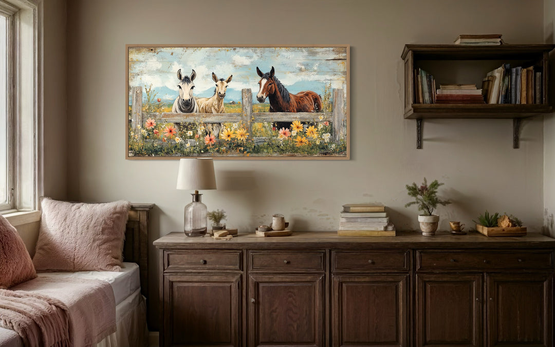 Farm Animals - Donkeys And Horse Framed Canvas Wall Art