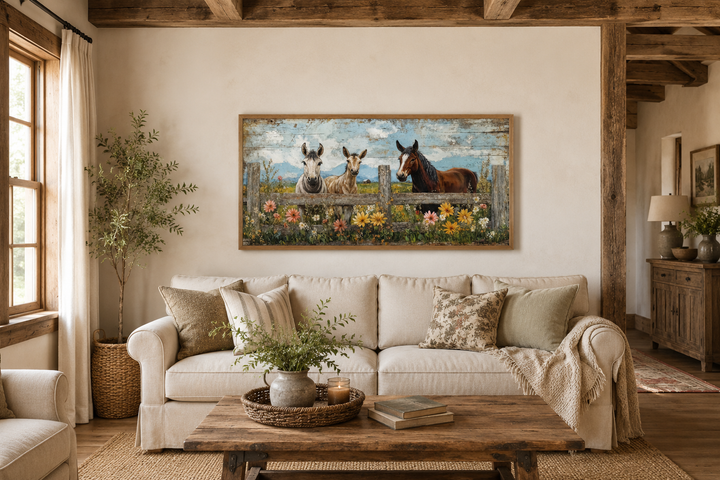 Framed canvas wall art of two donkeys and a horse behind a rustic fence in a farmhouse living room.