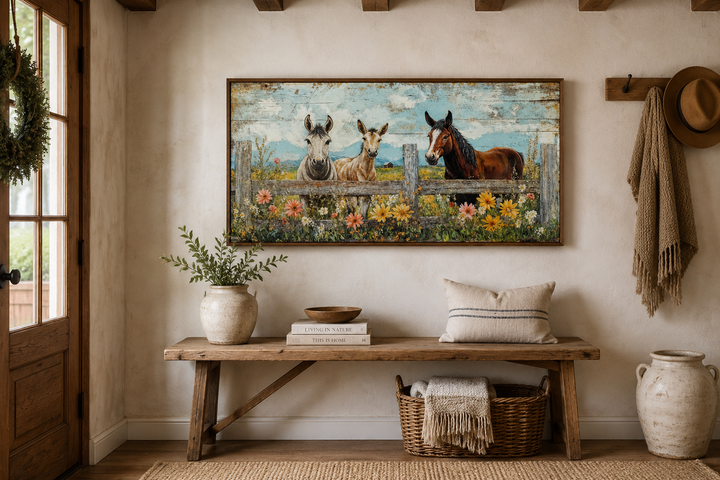 Framed canvas wall art of two donkeys and a horse behind a rustic fence with wildflowers.