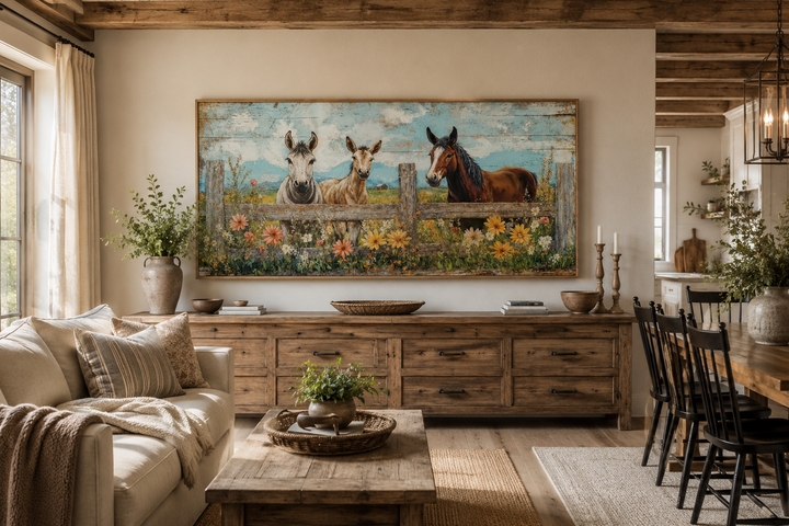 Framed canvas wall art of two donkeys and a horse behind a rustic fence in a farmhouse living room.