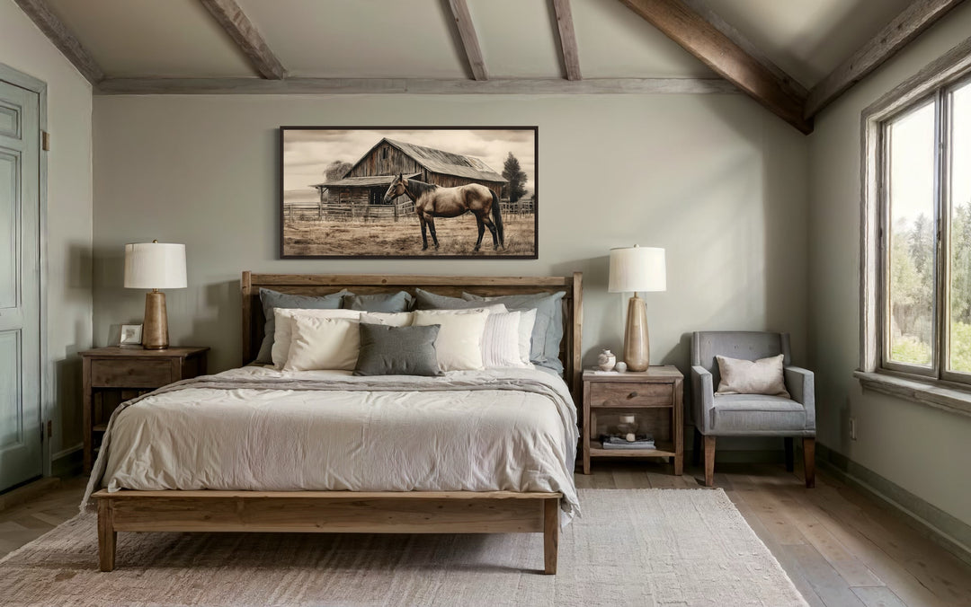 Farm Horse Near Old Barn Rustic Farmhouse Canvas Wall Art