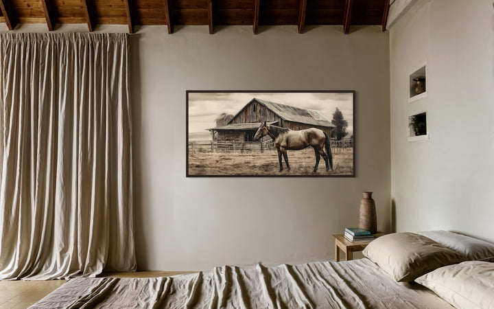 Farm Horse Near Old Barn Rustic Farmhouse Canvas Wall Art