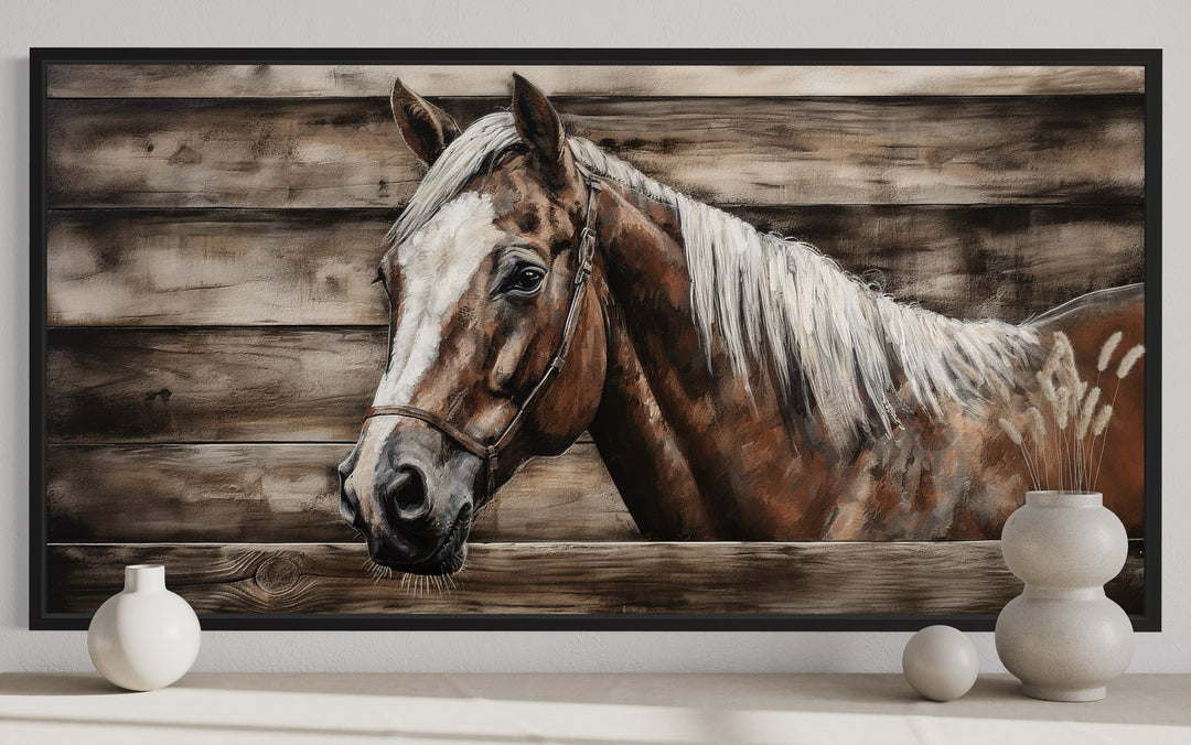 Rustic canvas wall art featuring a brown farm horse painting on a wood-textured background.