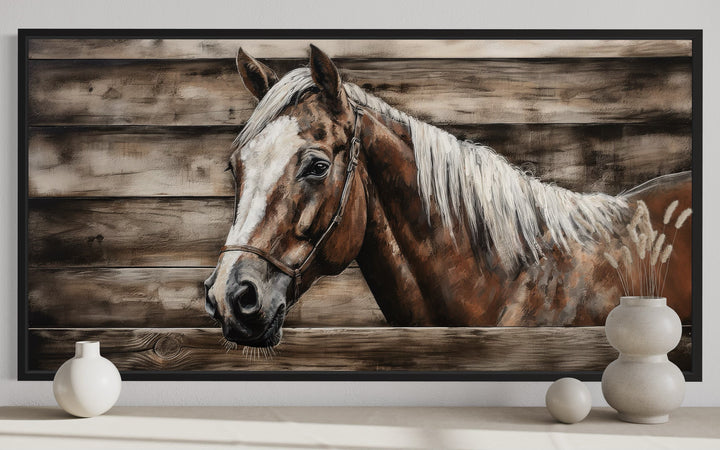 Rustic canvas wall art featuring a brown farm horse painting on a wood-textured background.