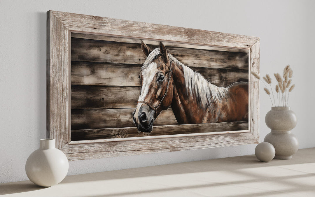 Rustic farm horse painting on wood-textured canvas in a weathered wooden frame.