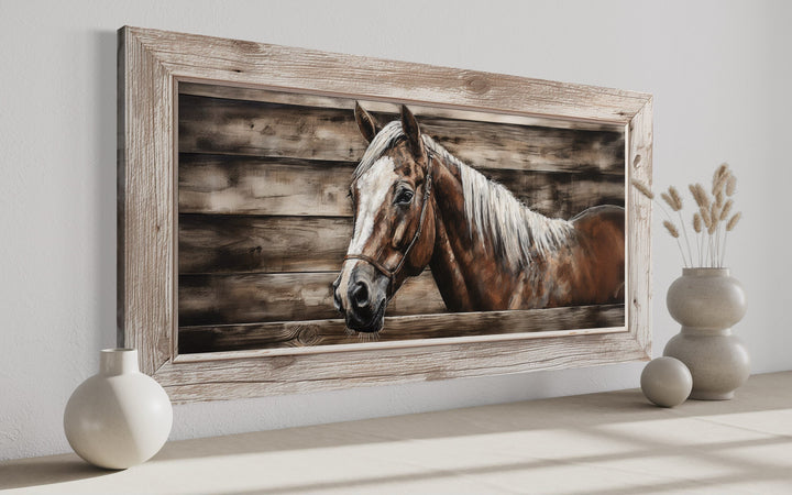 Rustic farm horse painting on wood-textured canvas in a weathered wooden frame.