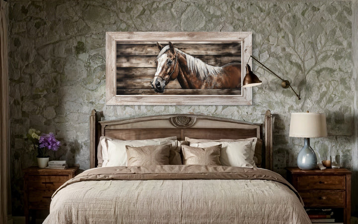 Rustic farm horse painting on wood-textured canvas hanging above a bed in a farmhouse bedroom.