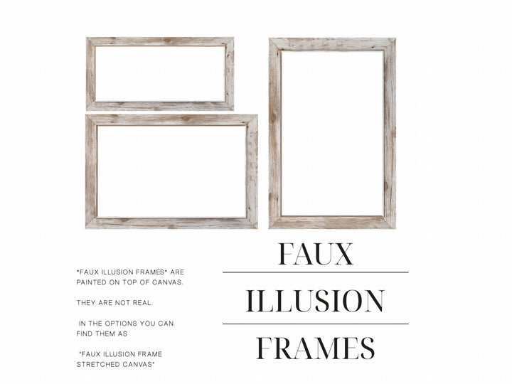 Three examples of faux illusion wood frames painted on canvas in horizontal and vertical layouts.