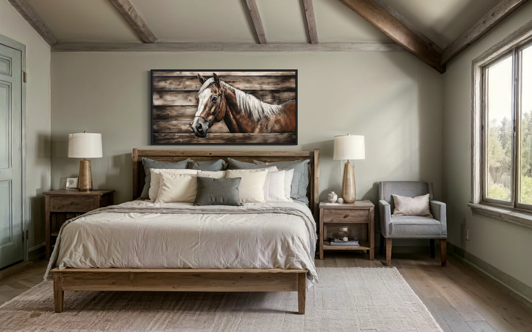 Rustic farm horse painting on wood-textured canvas wall art above a bed in a farmhouse bedroom.
