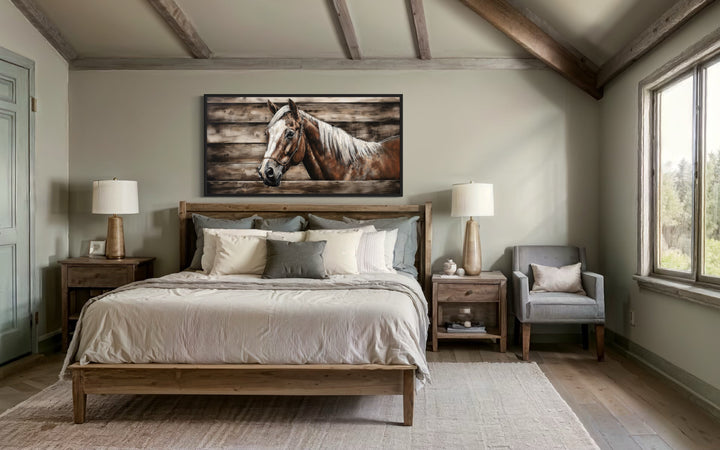 Rustic farm horse painting on wood-textured canvas wall art above a bed in a farmhouse bedroom.