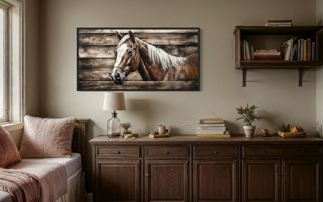 Rustic canvas wall art of a brown farm horse on a wood-textured background in a farmhouse bedroom.