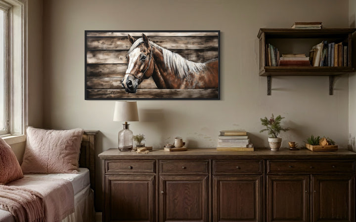 Rustic canvas wall art of a brown farm horse on a wood-textured background in a farmhouse bedroom.
