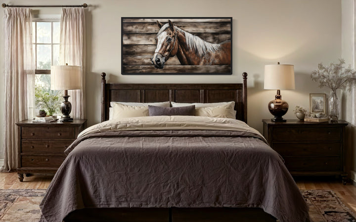 Rustic farm horse painting on wood-textured canvas wall art above a dark wood bed in a bedroom.