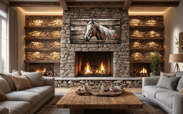 Rustic canvas wall art of a brown farm horse on a wood-textured background above a stone fireplace.