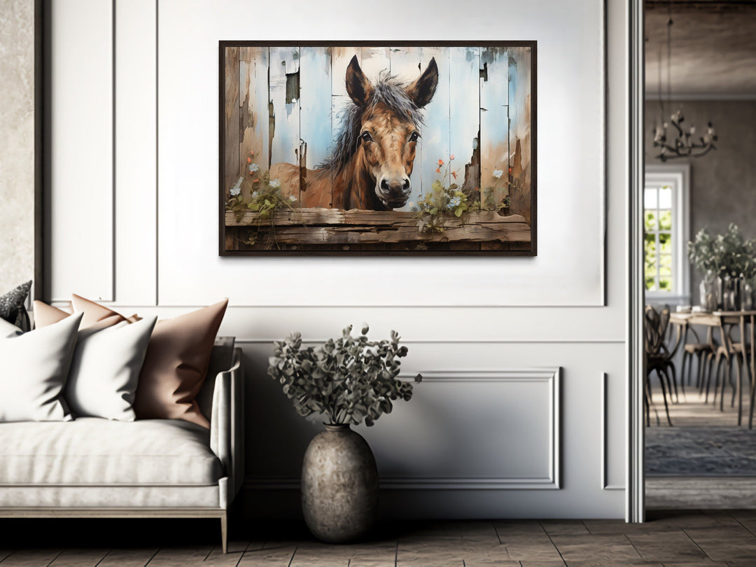 Farm Horse Rustic Painting on Wood Effect Framed Canvas Wall Art