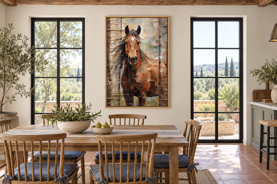 Rustic farm horse framed canvas wall art hanging in a farmhouse dining room between two windows.