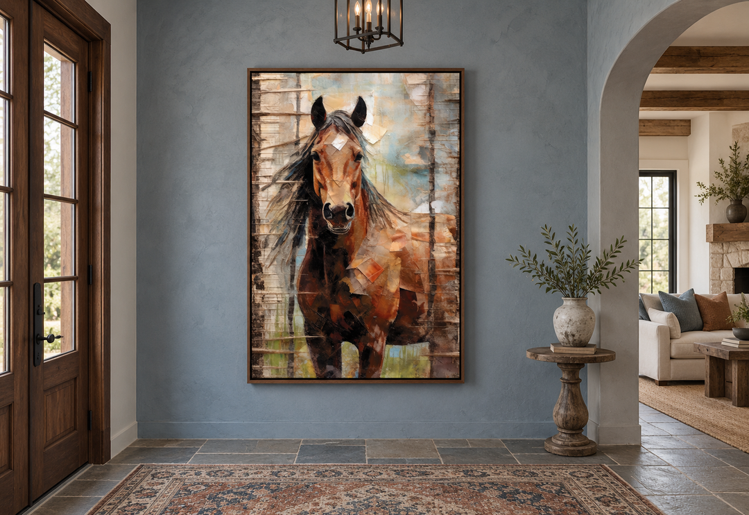 Rustic farm horse framed canvas wall art featuring a brown horse on a weathered wood background.