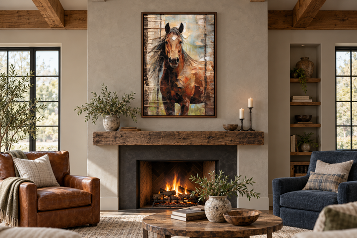 Rustic farm horse framed canvas wall art hanging above a fireplace in a cozy living room.