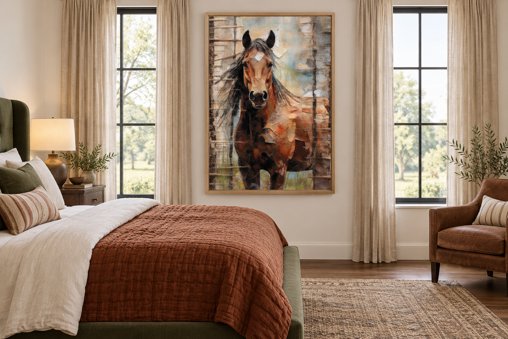 Rustic farm horse framed canvas wall art hanging in a cozy bedroom with earthy tones.