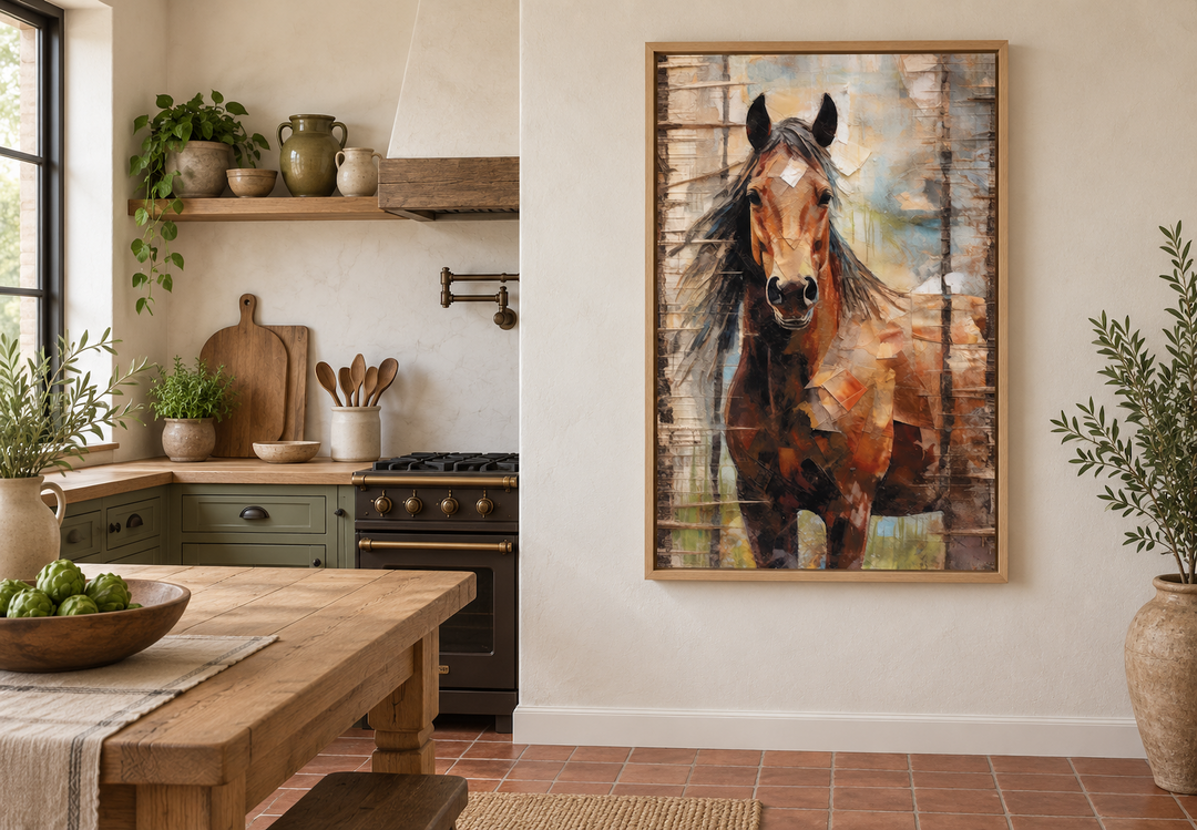 Rustic farm horse framed canvas wall art in a farmhouse kitchen setting.