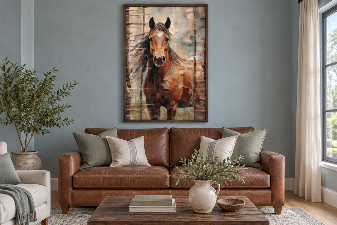 Rustic farm horse framed canvas wall art hanging above a brown leather sofa in a living room.