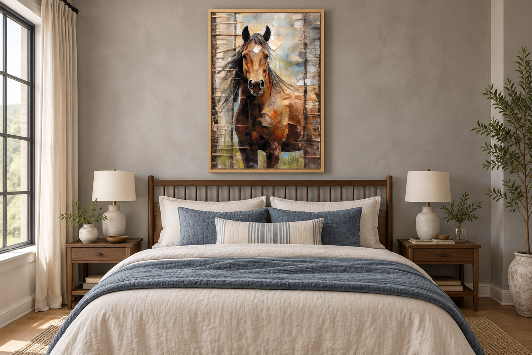 Rustic farm horse framed canvas wall art hanging above a bed in a farmhouse-style bedroom.