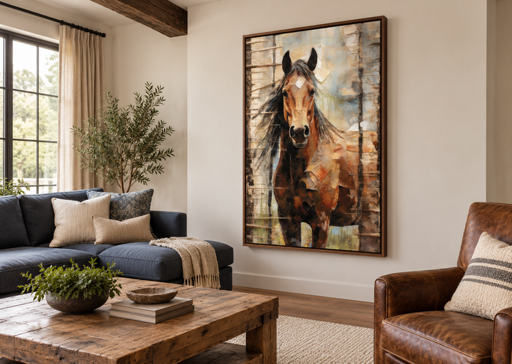 Rustic farm horse framed canvas wall art hanging in a cozy living room with farmhouse decor.